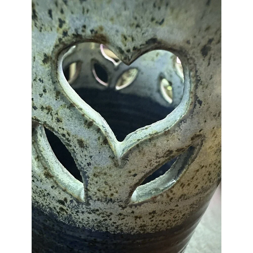 Paul Corbin Art Studio Pottery Stoneware Blue Gray Floral Cutout Utensil Holder